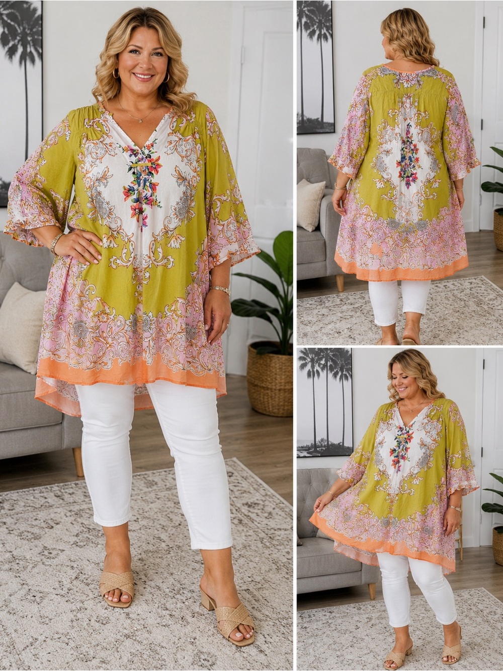 loralette Olive Green & Peach Floral V-Neck Tunic